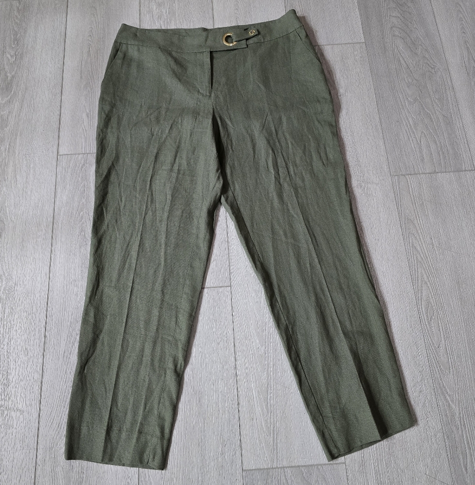 Anne Klein Olive Green Linen Slim Ankle Pant Size 8